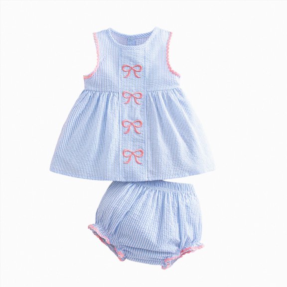 Leey-World Summer Outfits for Toddler Girls Toddler Baby Girls Striped Short Set Sleeveless Tank Top with Bow Embroidery Ruffled Bloomer 2 Piece Summer Outfits(Blue,18-24 Months)
