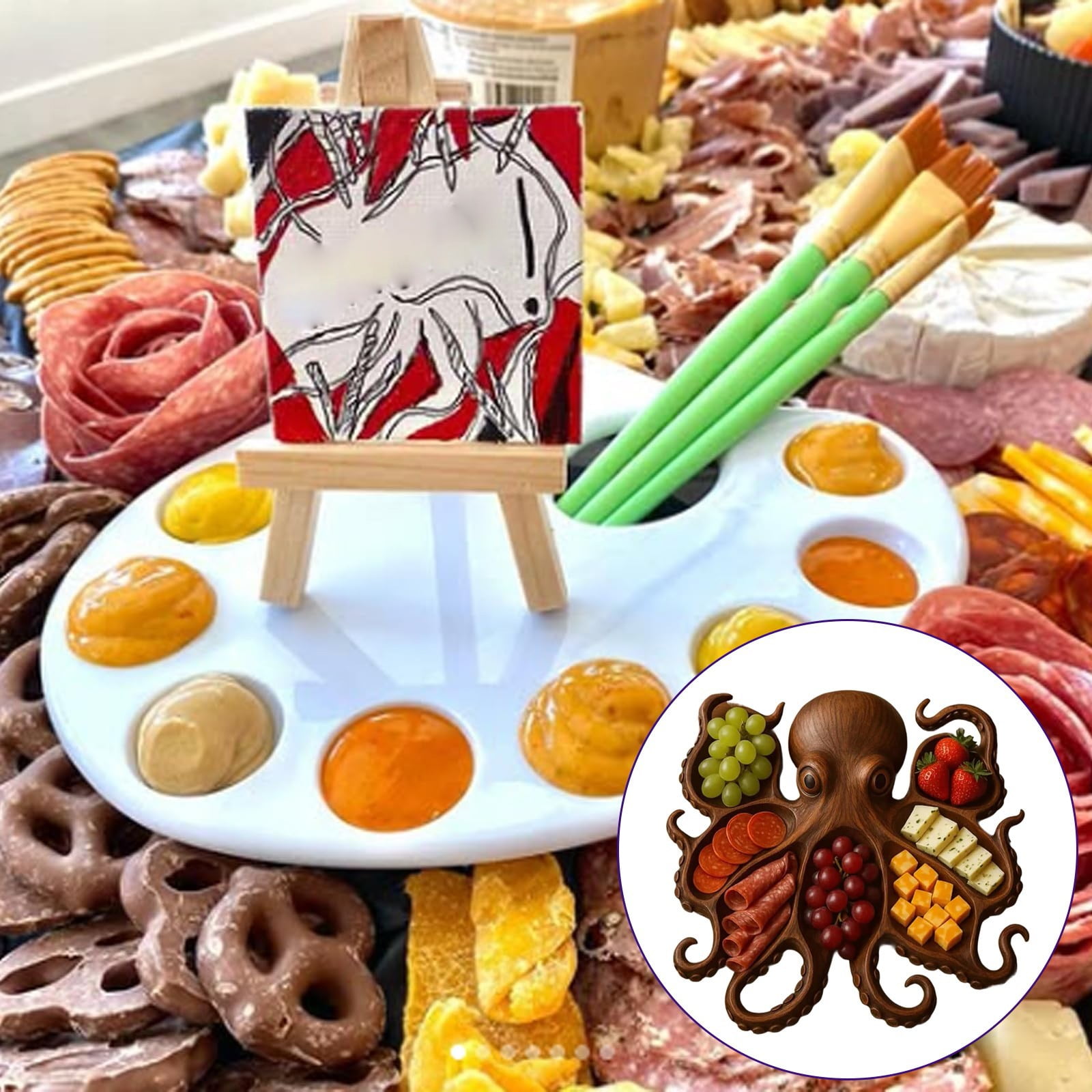 Wood Octopus Fruit Serving Tray Set,Octopus Shape Charcuterie Platter,Ocean Themed Cheese Bread Board Fruit Tray Board