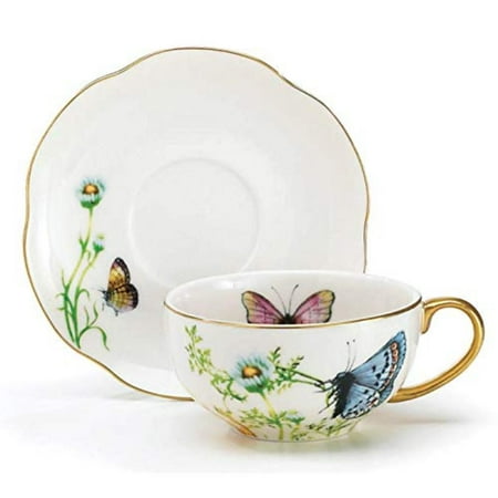 Footed Teacup Saucer Porcelain Butterfly Teacup And Saucer Set With Gold Trim Fine Dining And Table Decor, Elegant and graceful porcelain teacup and saucer set By Wings Of Grace Collection ()