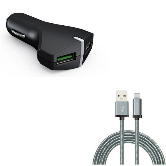 Charger Cord Type-C 6ft USB Cable w 2-Port USB 36W Fast Car Charger W2J for Acer Liquid Jade Primo - Alcatel PulseMix, 7, Idol 5S 5 4S - ASUS Zenfone V Live, ROG Phone, AR 6 5z 4 Pro