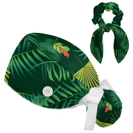 

Working Cap with Buttons and Sweatband Scrub Hat Bouffant Caps with Scrunchie Leaves Tie Back Hats