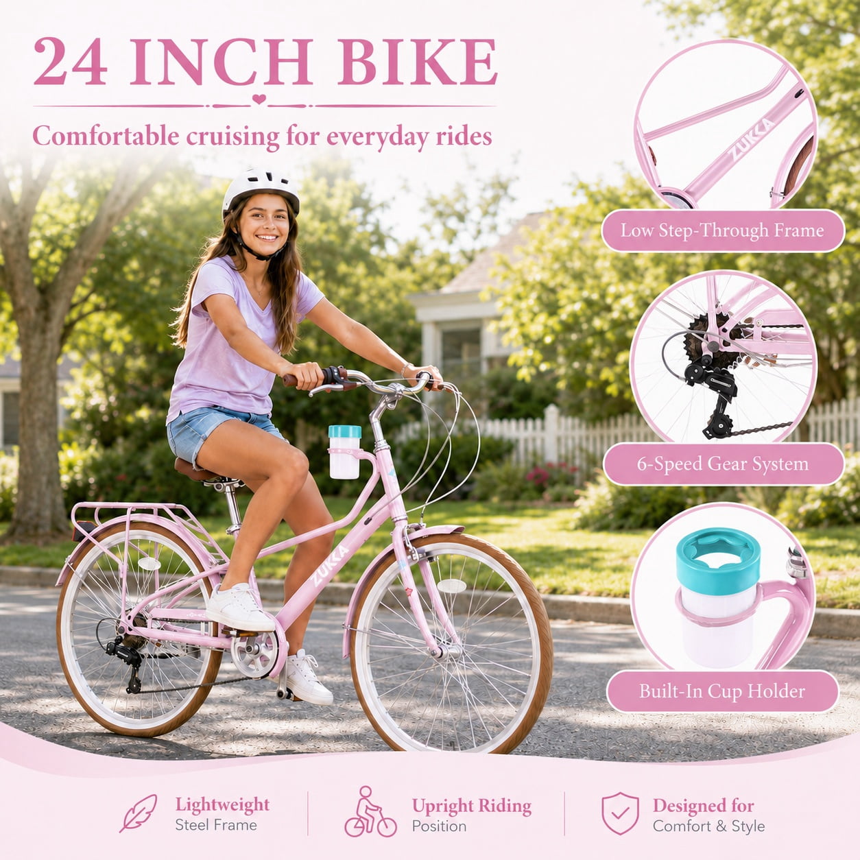 Aukfa 24 Inch Women's Cruiser Bike, 6-Speed Step-Through Commuter Bicycle with Cup Holder & Rear Rack,Pink