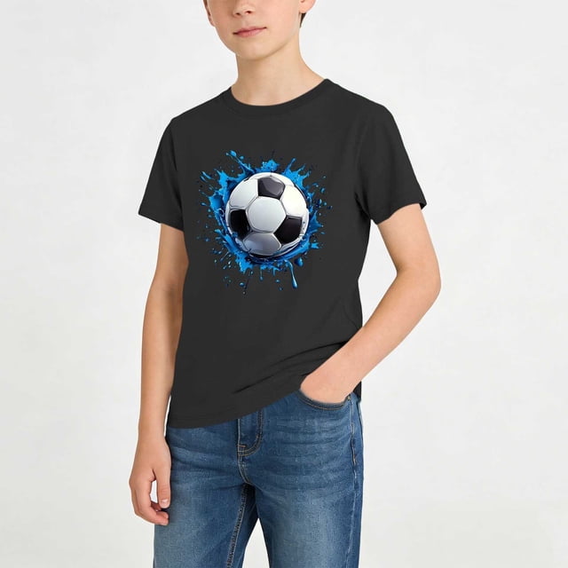 Zpanxa Chandails Athlétiques pour Garçons Imprimé Football Col Rond Manches Courtes Haut Décontracté Ample avec Polyester Spandex 9-10 Ans