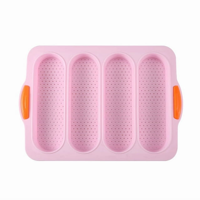 Pink 4-Cavity Rectangular Silicone Baking Mold: Food-Grade, Non-Stick Tool for Homemade Baguettes, Bread & Cakes – Efficient Oven Baking Accessory with Easy Release & Uniform Heat Distribution,
