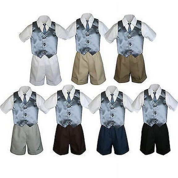 4pc Set Boy Toddler Formal Dark Gray Vest and Necktie Black Khaki Shorts S-4T