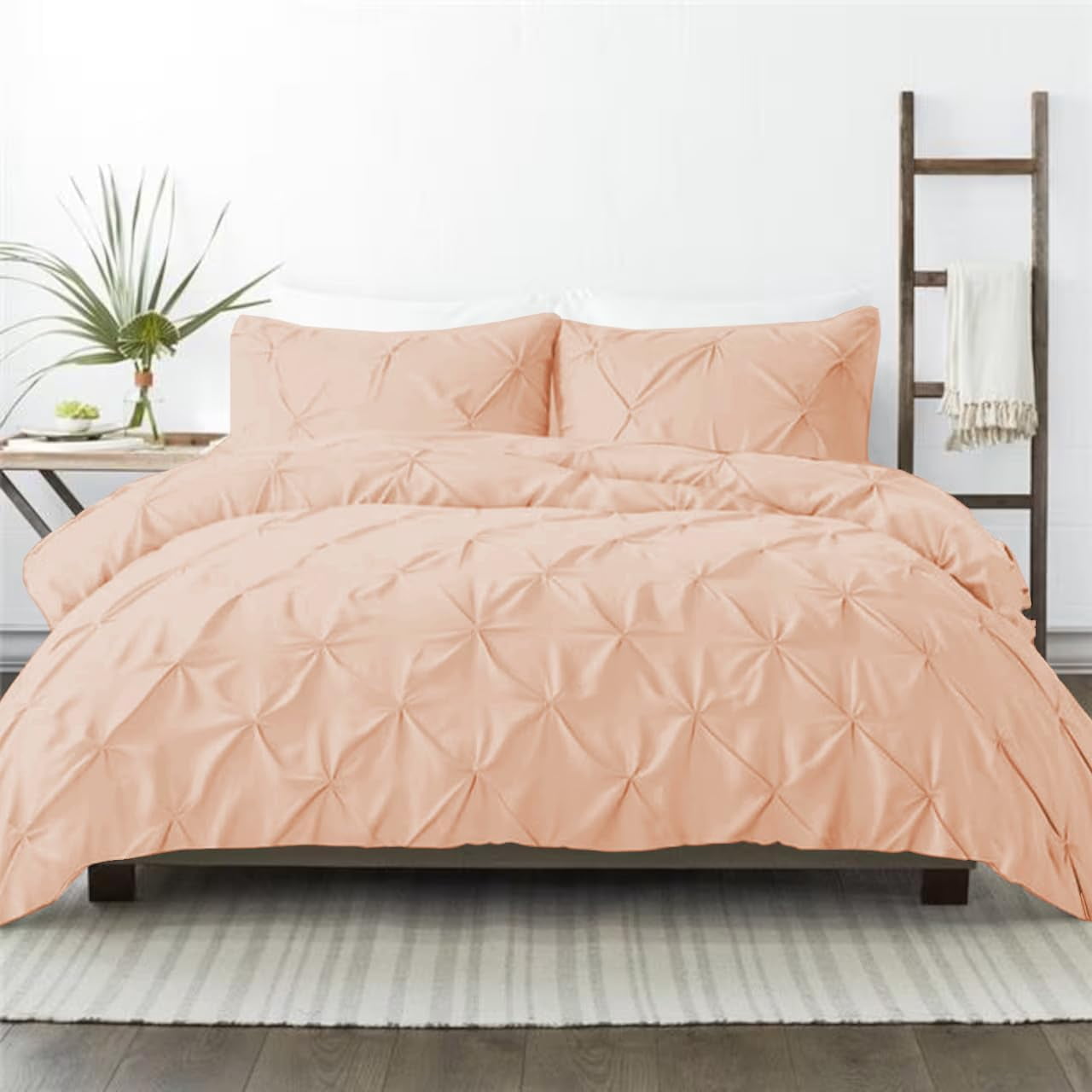 3 Piece Pinch Pleated Duvet Cover Set 100% Cotton 1000 TC with Zipper Closure & Corner Ties Pintuck Bedding Duvet Cover - Full/Queen Size (90" x 90") Inch, Blush Solid