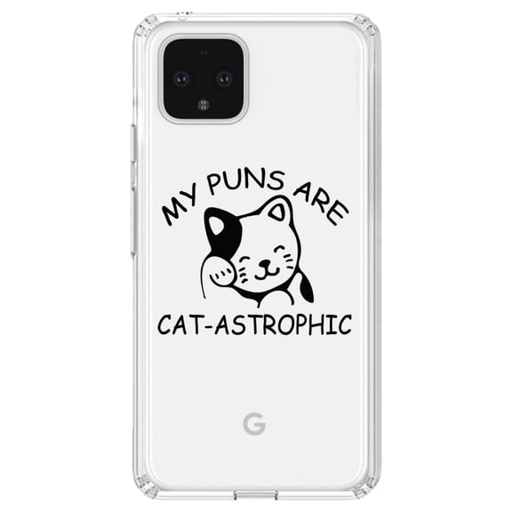 DistinctInk Clear Shockproof Hybrid Case for Google Pixel 4 XL (6.3" Screen) - TPU Bumper Acrylic Back Tempered Glass Screen Protector - My Puns Are Cat-Astrophic