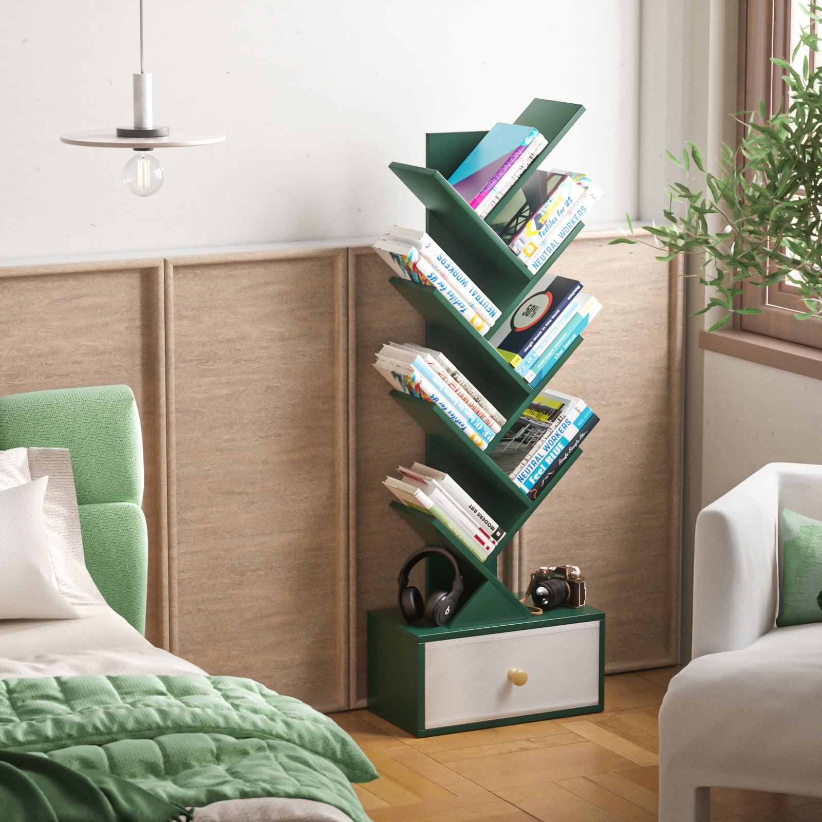 LELELINKY Floor Bookshelves,Tree Bookcase, 8-Tier Floor Standing Bookshelf for Living Room, Dark Green
