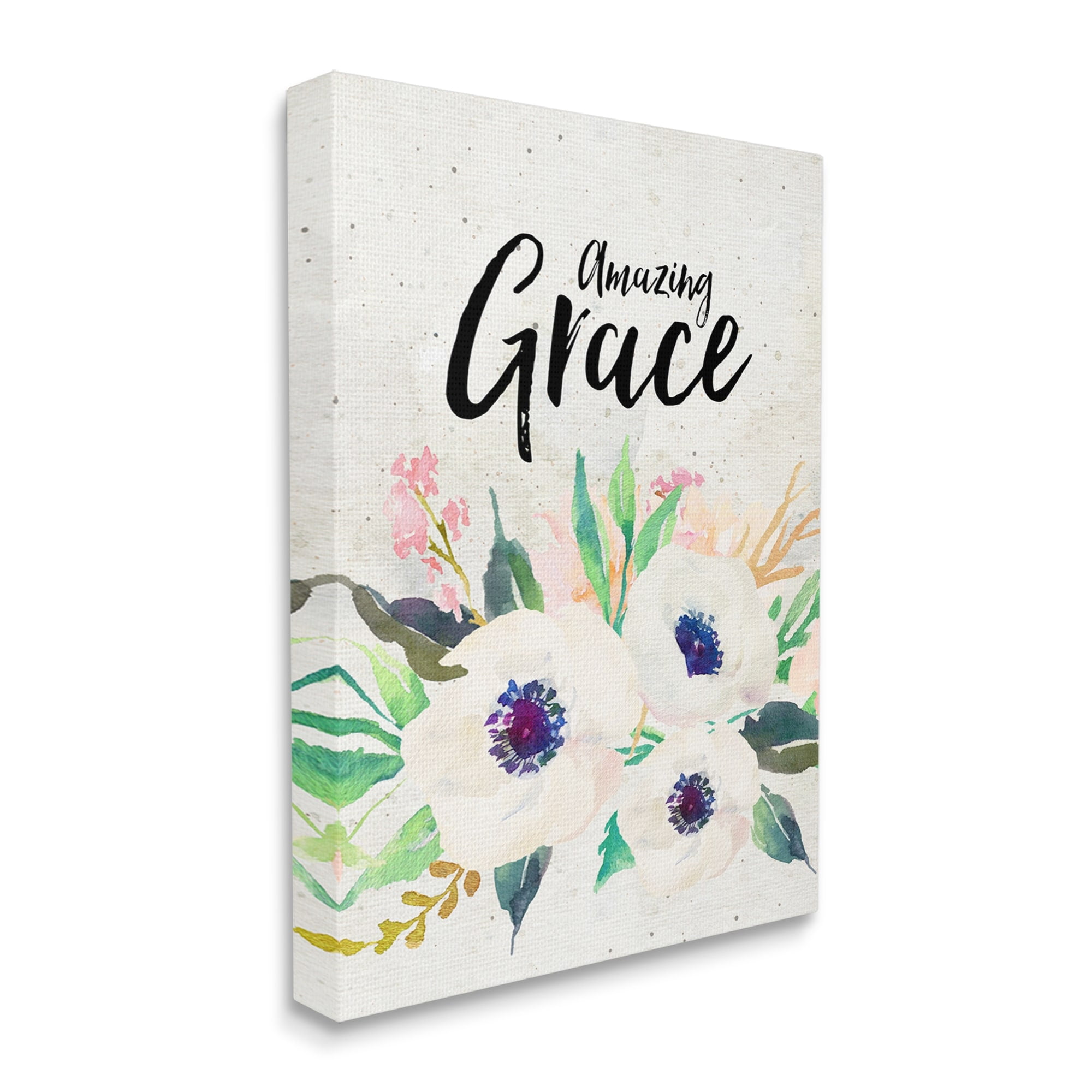 Stupell Industries Amazing Grace Calligraphy White Flower Blossom Botanicals Canvas Wall Art, 16 x 20, Design by Amy Brinkman