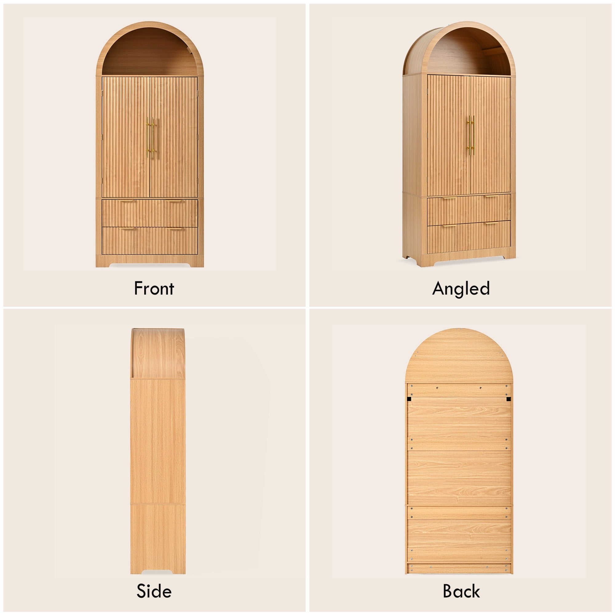 Aukfa Tall Arched Pantry Cabinet with Fluted Doors, Drawers & Adjustable Shelves for Kitchen Dining Room Storage,Natural