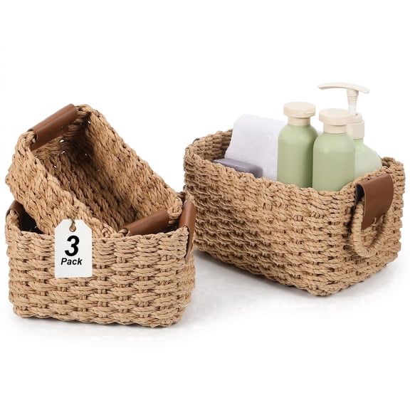 Storage Basket, Recycled Paper Rope Basket Organizer, 3Pcs Small Baskets for Organizing, Mini Basket for Decorative Storage Bins, Shelves, Cabinet - Brown