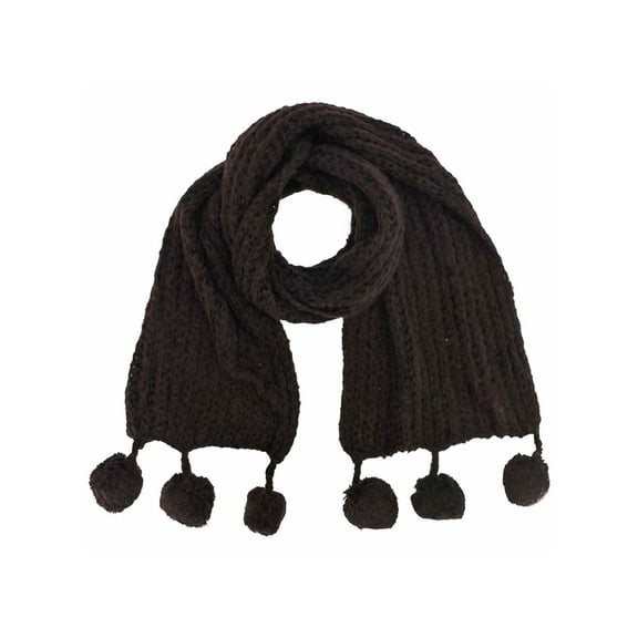 Brown Long Knit Winter Scarf With Pom-Poms