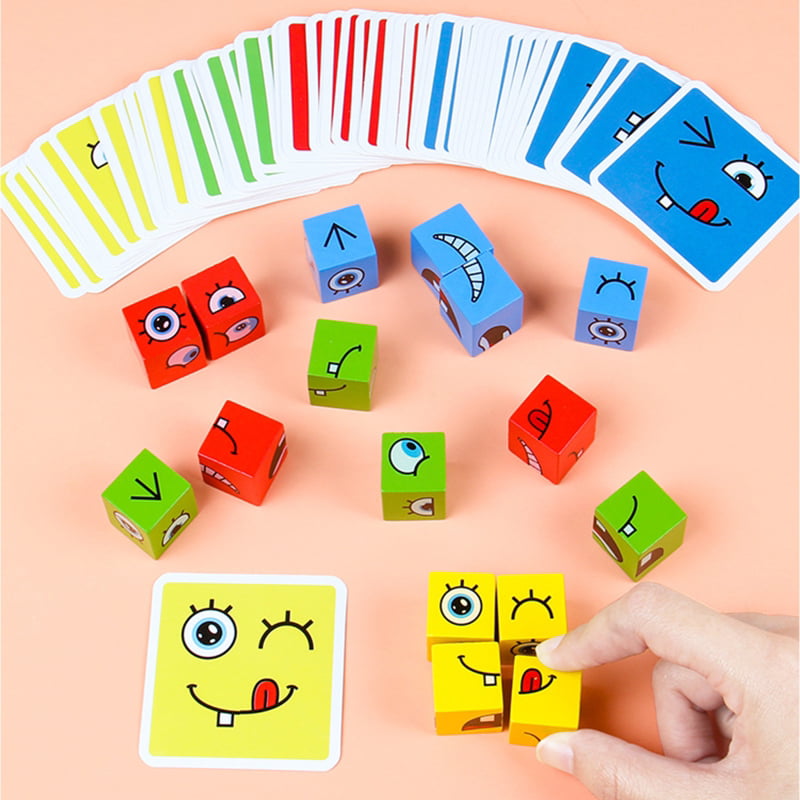 Wooden Expression Puzzle Building Block Magic Face Changing Montessori Education 