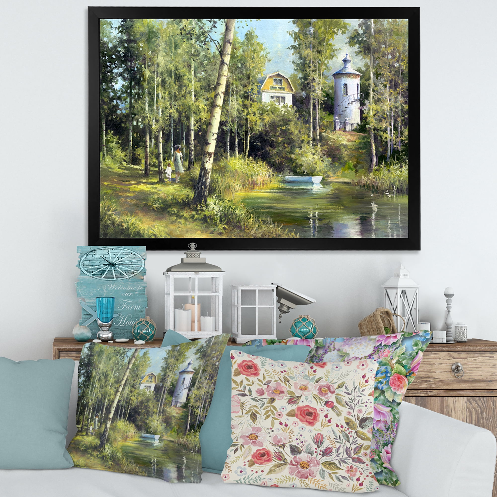 Designart 'The Wood River With Boat On A Decline By The Castle' Lake House Framed Art Print