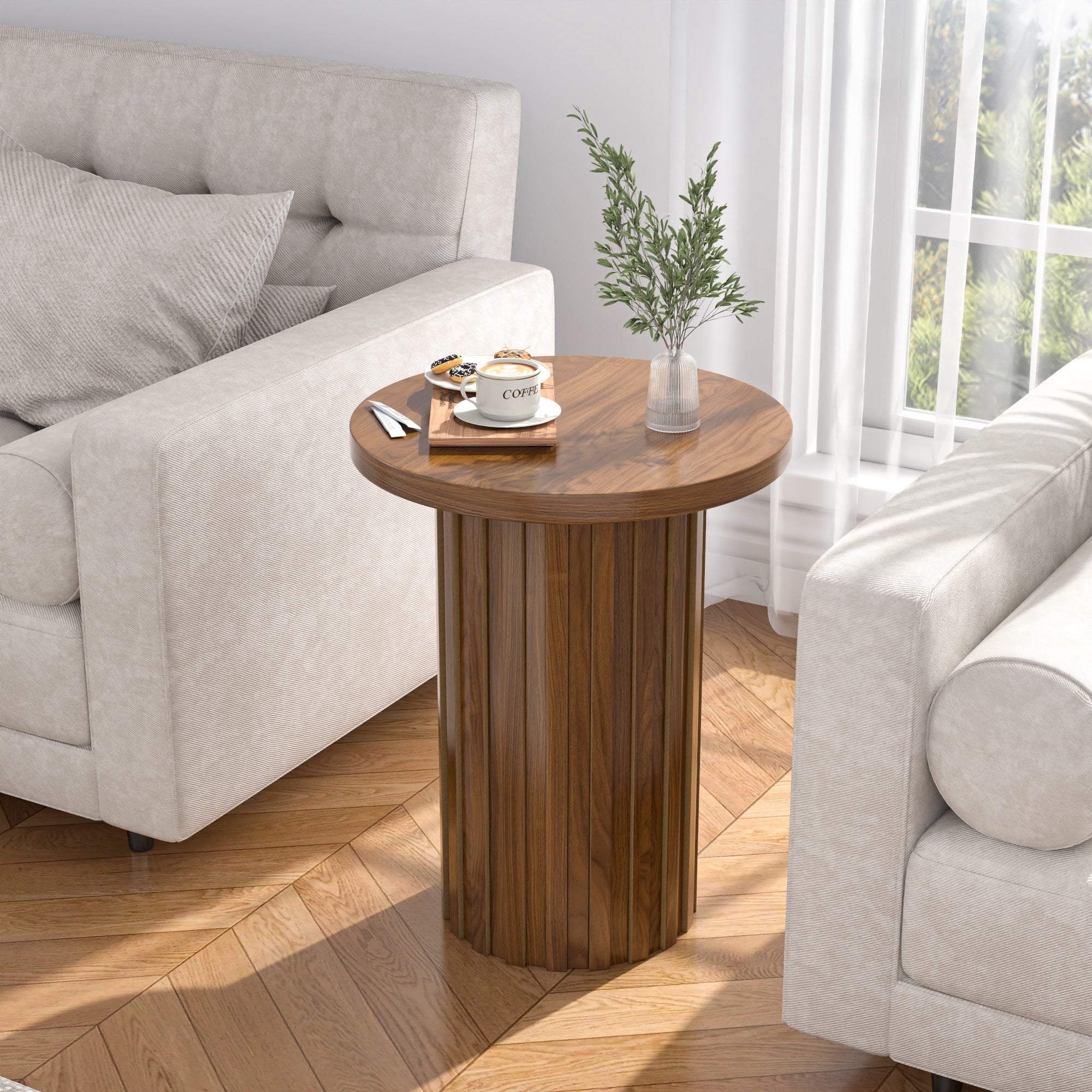 Small Round End Table Farmhouse Accent Side Table Modern Nightstand for Living Room Bedroom (Walnut)