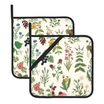 Kitchen Pot Holders Heat Resistant Oven Hot Pads With Hand Pockets And Hanging Loops For Baking Cooking 2 Pack 8'' X 8'' Wild Herbs Plant Fruit Flower Country