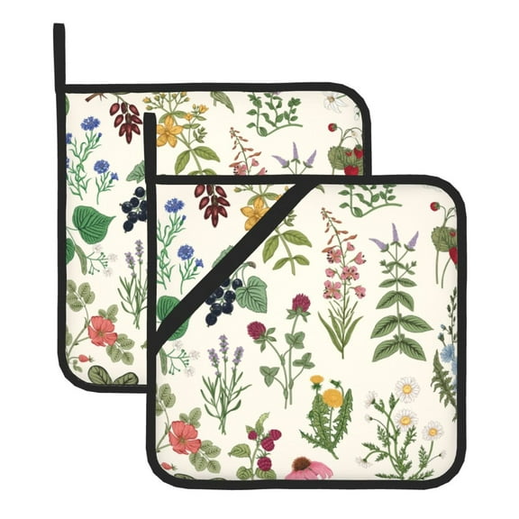 Kitchen Pot Holders Heat Resistant Oven Hot Pads With Hand Pockets And Hanging Loops For Baking Cooking 2 Pack 8'' X 8'' Wild Herbs Plant Fruit Flower Country