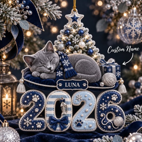 Personalized Christmas Ornament Russian Blue Cat Tree Keepsake