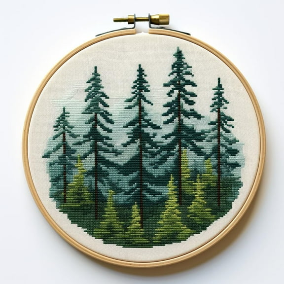 Pine Trees 11CT Stamped Cross Stitch Kits Easy for Beginners Child with Hoop DIY Needlepoint Counted Embroidery Kits Art Craft Wall Decor 12x12IN(2)