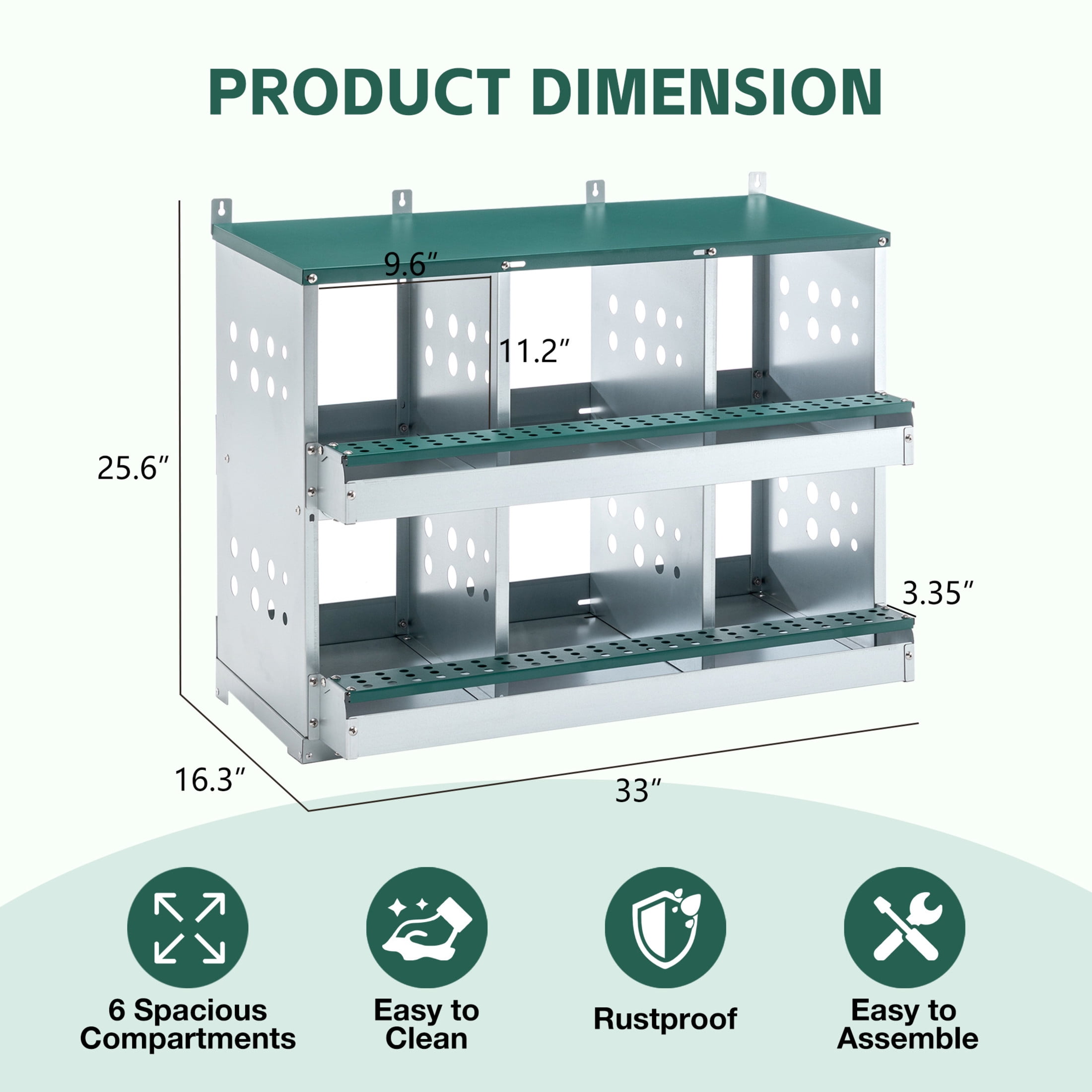 Noble House 6-Hole Steel Chicken Nesting Box with Sloped Roof and Egg Collection Incline, for Hens, Ducks, Green