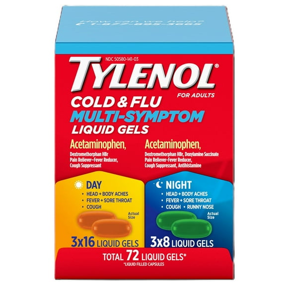 Tylenol Cold + Flu Multi-Symptom Liquid Gels, Day/Night, 72 ct.