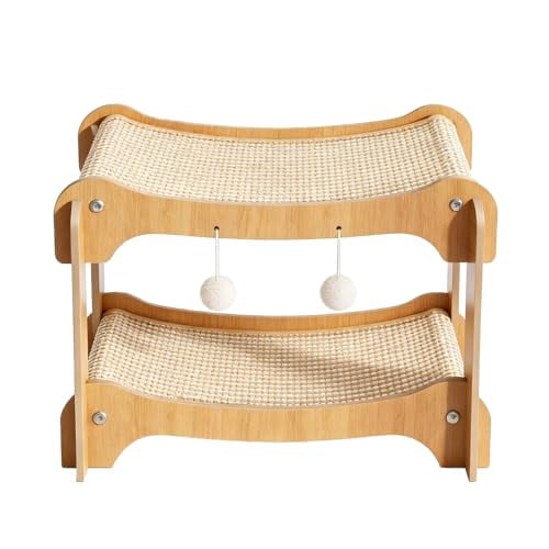 Double-Decker Cat Bed, 2-Tier Wooden Pet Cats Scratcher Lounge with Hanging Ball Toys, Natural Sisal Hammock Bed for Indoor