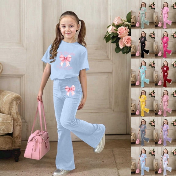 RTKFRFLM Girls Trendy Bell Bottom Outfit Set 2-Piece Clothes Short Sleeve Graphic Tee and Matching Flare Leg Pants Casual Stylish Summer Clothing Set for Girls Ages 7-13 Years