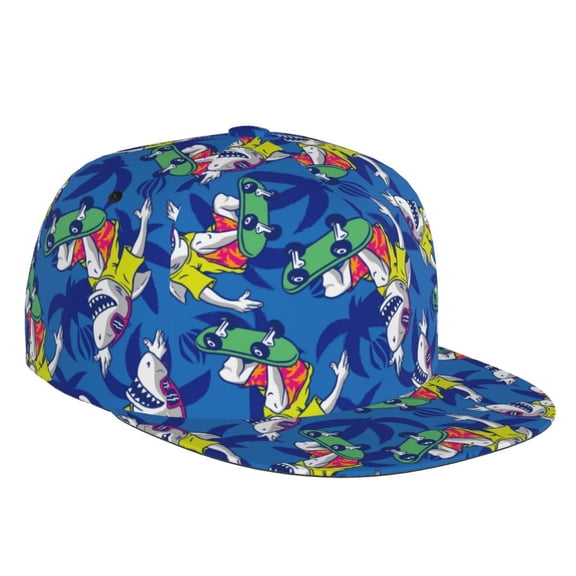 Flat Bill Trucker Hats for Women Men - Sharks Skateboarding With Palm Adjustable Flat Baseball Cap Snapback Hats Dad Hats for Men
