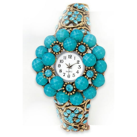 LINEL Women's Turquoise Beaded Crystal Bangle Watch Turquoise Beads Crystal Stones Wristwatch