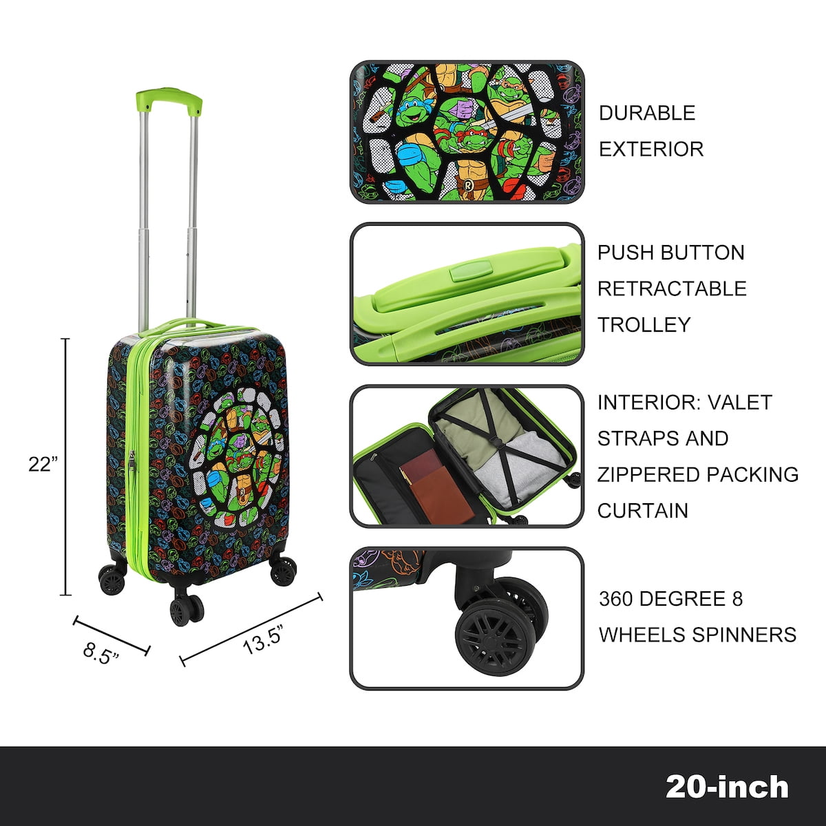 Teenage Mutant Ninja Turtles All-Over Character Print Behind Turtle Shell Design Black 20" Carry-On Luggage