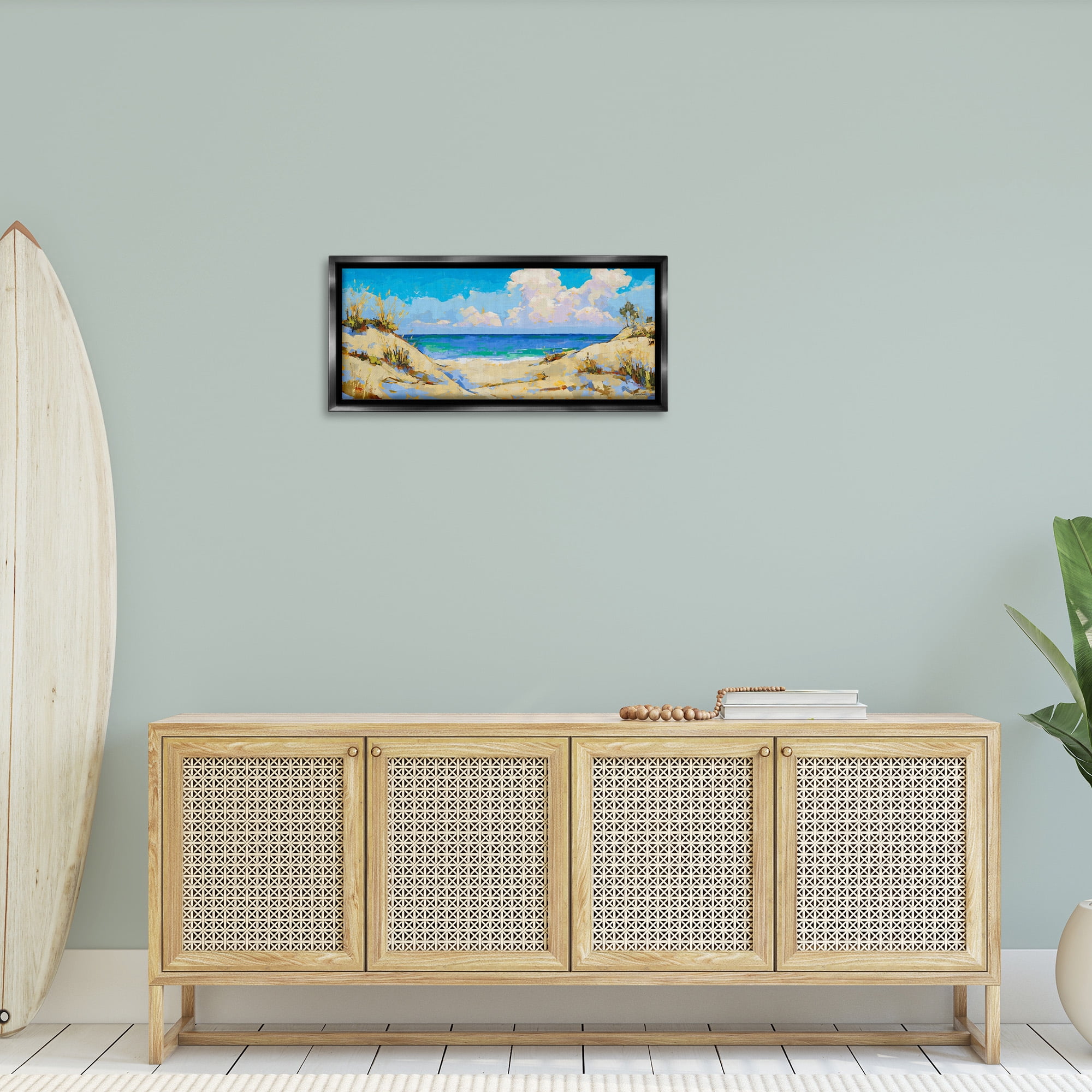 Stupell Industries Cloudy Beach Painting Landscape Painting Black Floater Framed Canvas Art Print Wall Art, 31 x 14