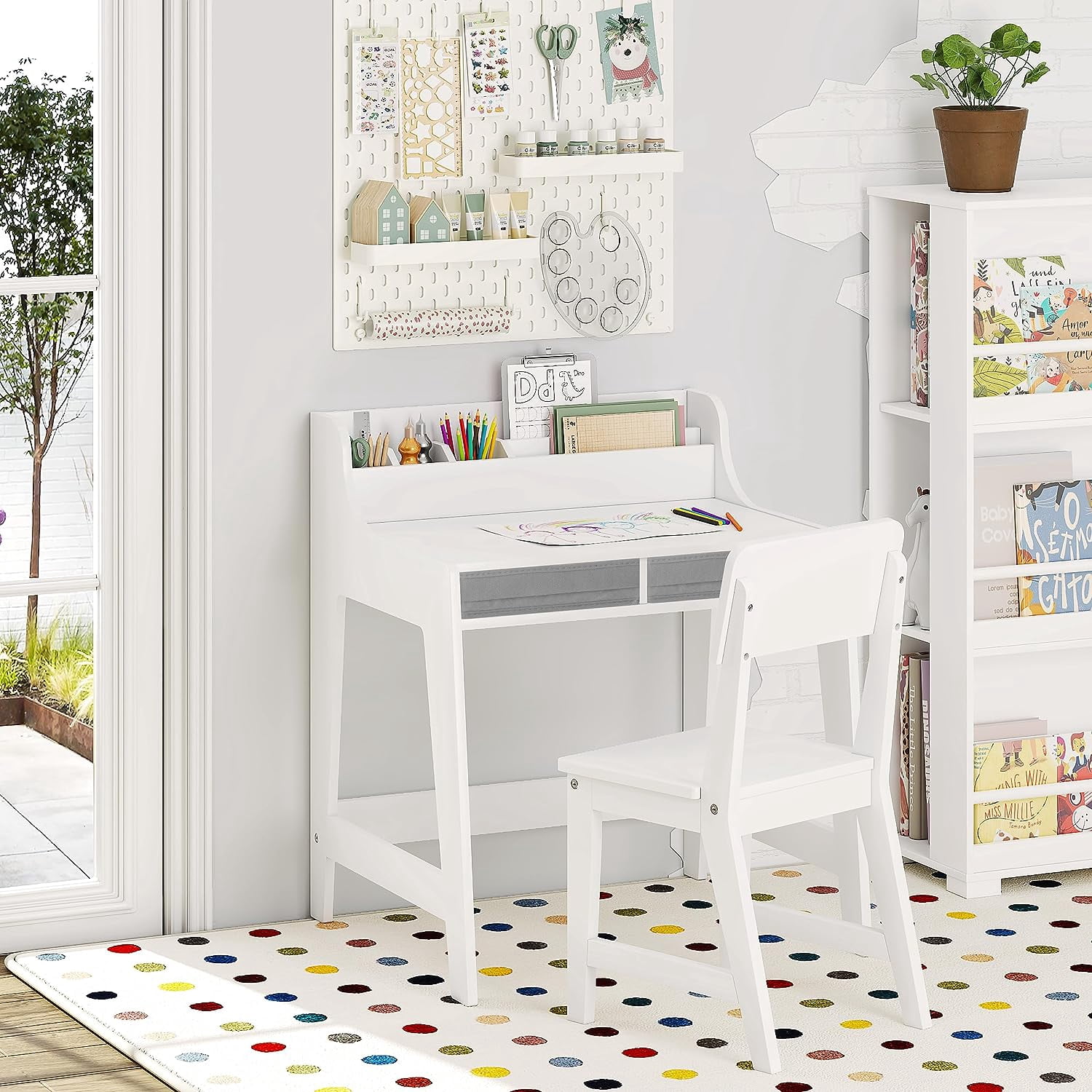 Utex Kids Study Desk with Storage Bins Activity Table and Chair Set, White
