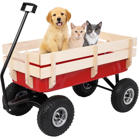All-Terrain Cargo Wagon with 10'' Air Tires, Steel Structure Wagon with Removable Wooden Side Panels for Kids, Garden and Cargo, Up to 220lbs Capacity, 38'' L x 19'' W x 31'' H (Red)