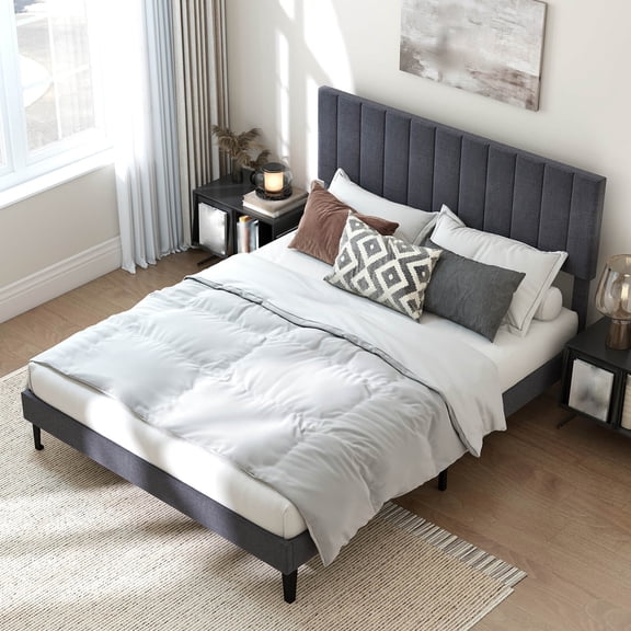 Hkinojoy Upholstered Bed Base, Queen Size Platform Bed Frame w/ Adjustable Headboard, Sturdy Wooden Slats, Modern Mattress Base, Noise-Free, Gray