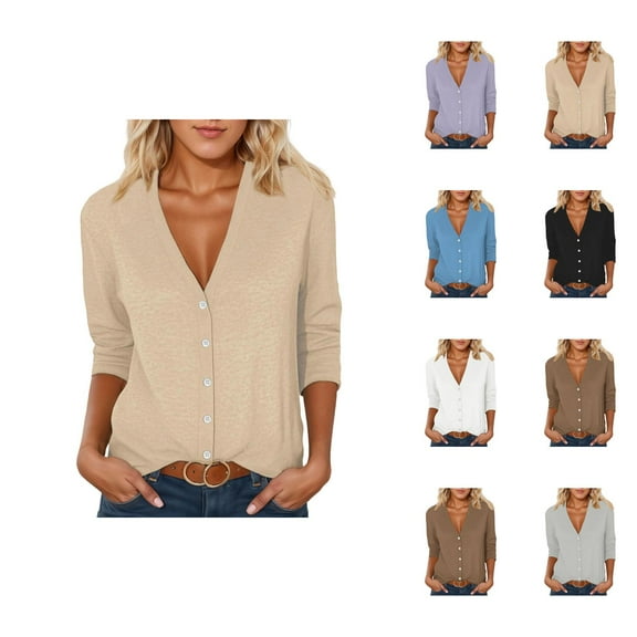 Women's Lightweight Cardigan V Neck 3/4 Sleeve Button Front Sweater Casual Fall Spring Thin Knit Top For Ladies Cardigan Sweaters for Women