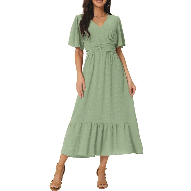 INSPIRE CHIC Robe Boho pour Femmes à Volants Manches Courtes Col en V Pois Suisses Robe Midi à Étages Robe de Plage Smockée Vert Clair P