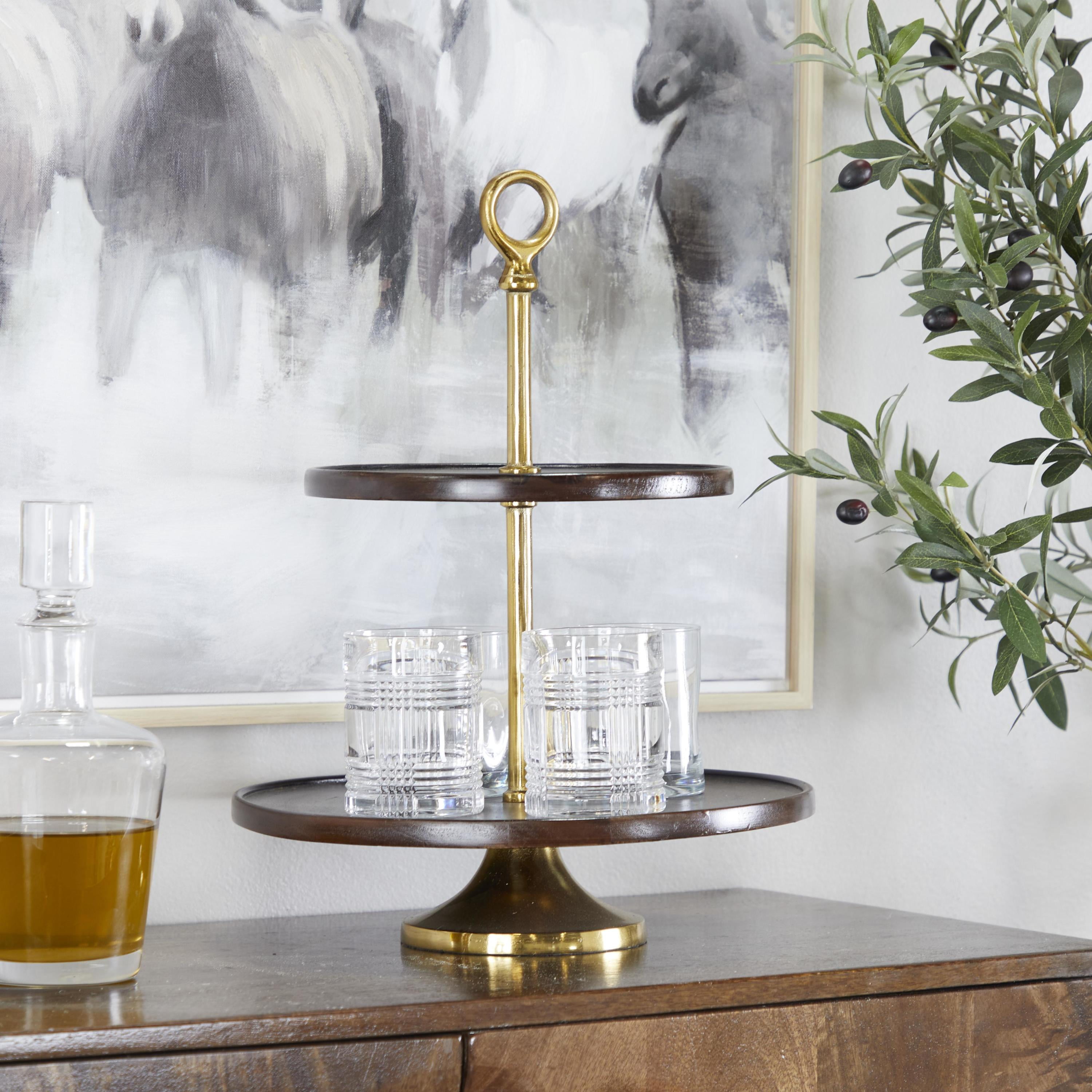 DecMode 14" x 18" Dark Brown Mango Wood 2 Tiered Server with Gold Stand, 1-Piece