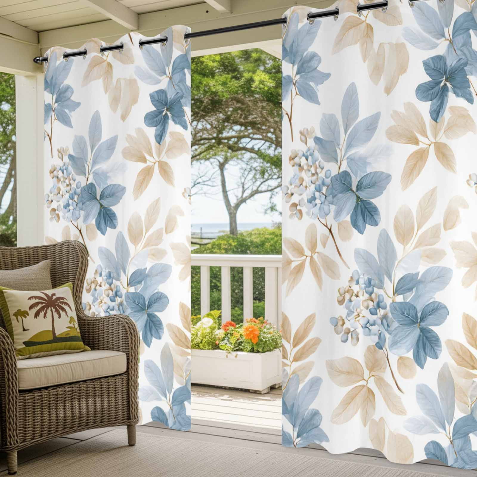 Gray Blue Brown Leaves Outdoor Curtains for Patio, Watercolor Botanical Floral Sunshade Privacy Drapes Grommet Waterproof Outside Curtains for Porch/Cabana/Balcony 54"x 108", 1 Panel