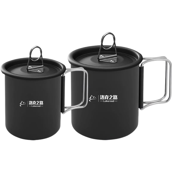 Jiibva Camping Cup, 2pcs Aluminum Pot Portable Titanium Water Mug Cup with Lid and Foldable Handle Outdoor Camping Cooking Picnic