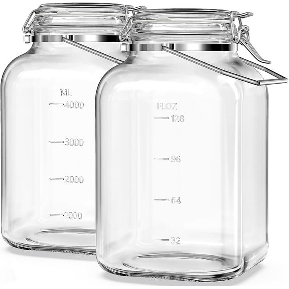 2 Pack 1.5 Gallon Glass Jar with Airtight Lid, 192 oz Square Wide Mouth Mason Jars with Stainless Steel Handle, Large Glass Storage Containers for Canning, Flour, Sugar, Rice, Pickled Eggs