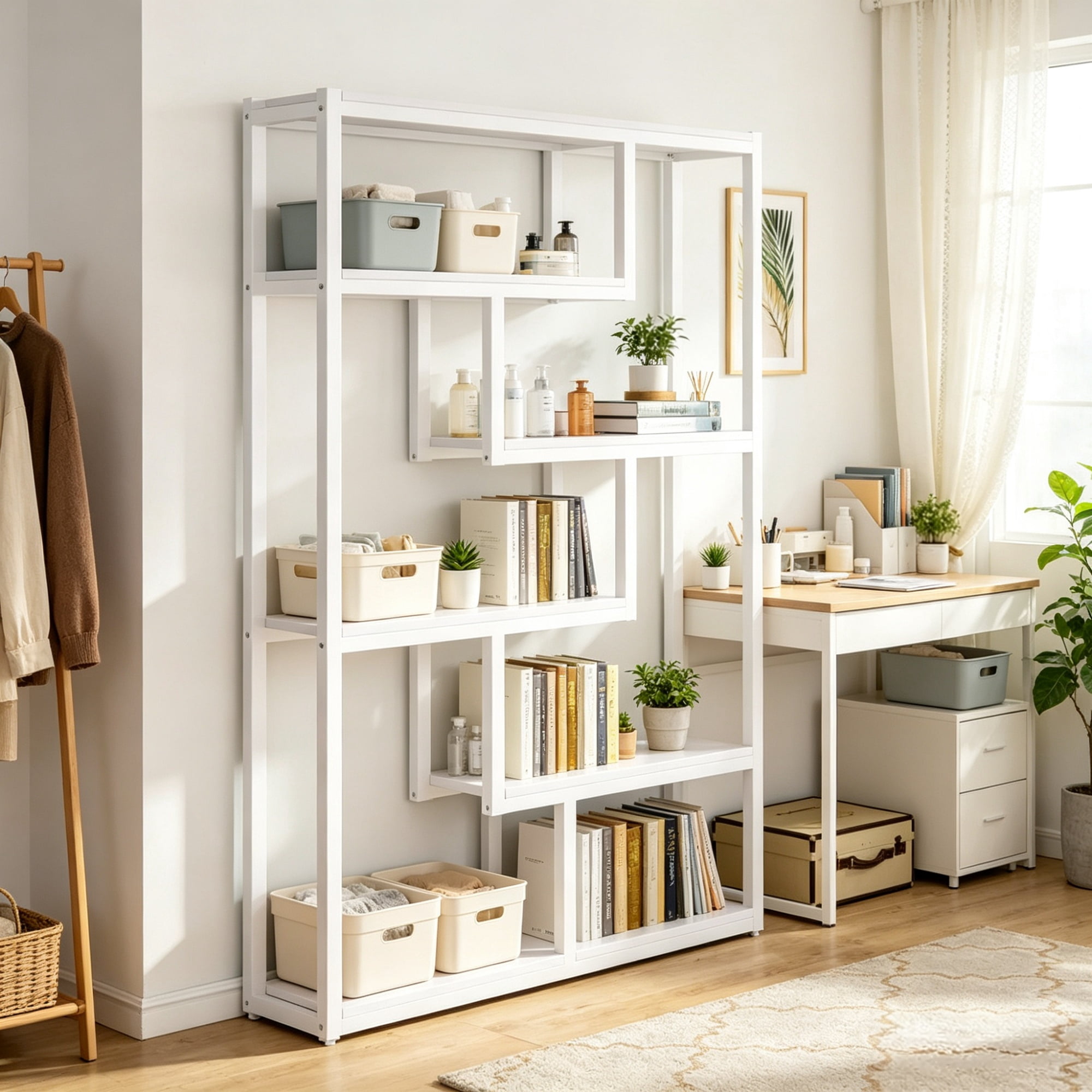 69 in Etagere Bookshelf, 5 Tier Bookcase with Stagge Shelves