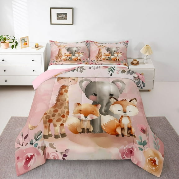 Homewish Kawaii Giraffe Elephant Bedding Comforter Set, Flower Leaf Plant Twin Comforter Sets, Pink Art Watercolor Reversible Bedding Set, Microfiber Bedroom Decor, 2 Pieces