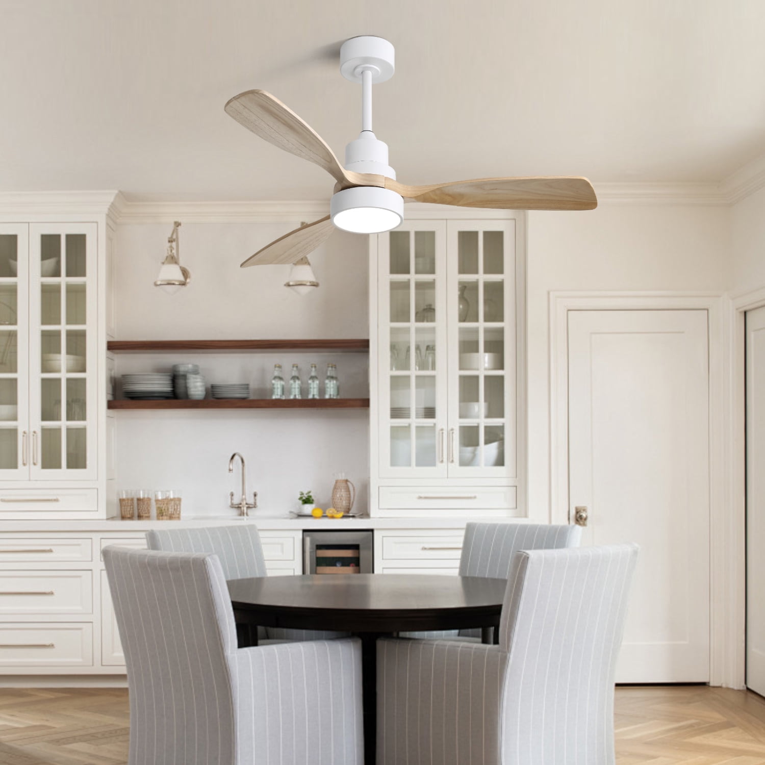 Sofucor 48 Inch Ceiling Fan with Light, Solid Wood Low Profile Ceiling Fans with Lights and Remote, Quiet DC Motor, 3 Blade Ceiling Fan for Bedroom Living Room Patio