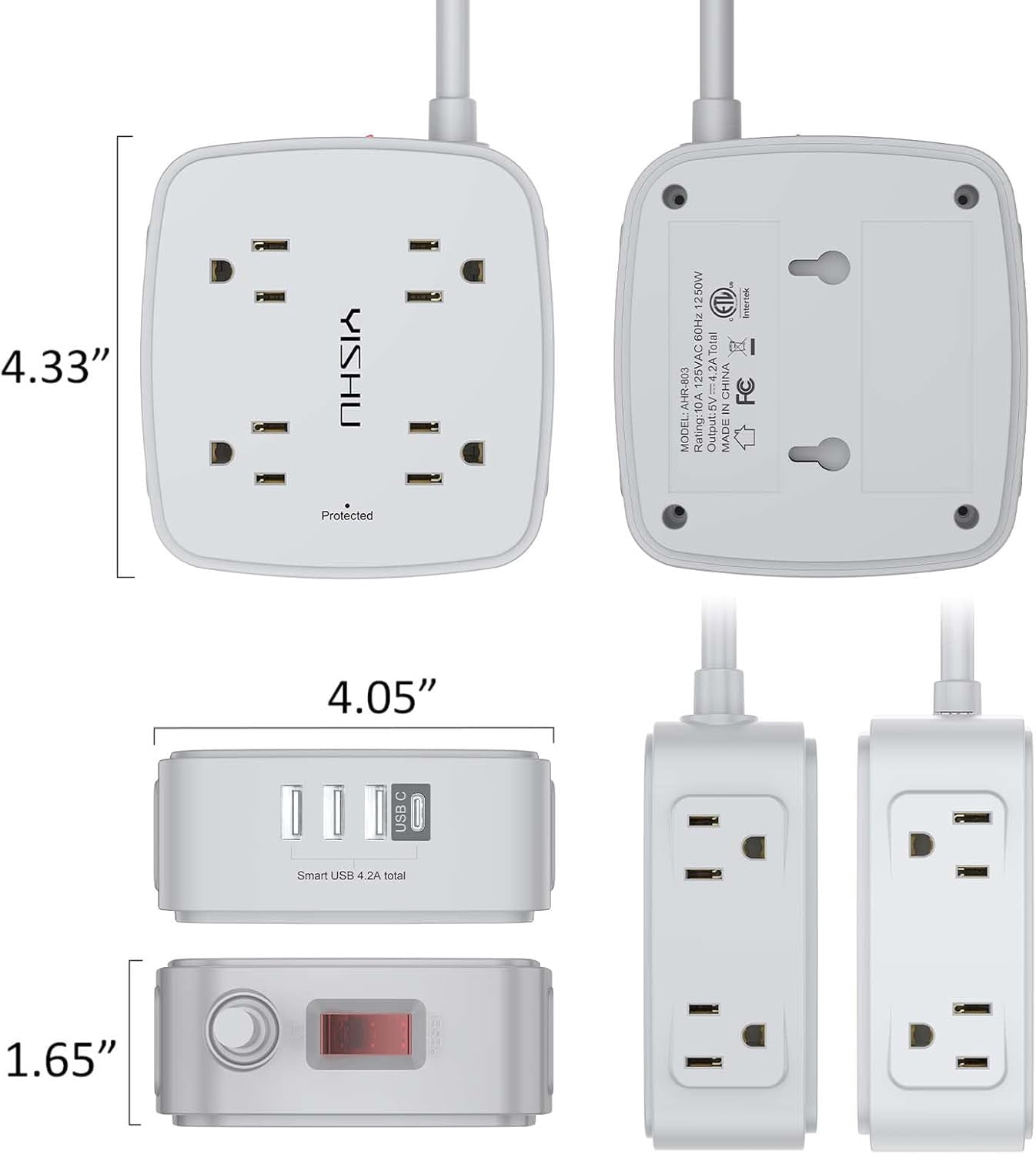 10 Ft Surge Protector Power Strip - 8 Widely Outlets with 4 USB Ports, 3 Side Outlet Extender with 10 Feet Extension Cord, Flat Plug, Wall Mount, Desk USB Charging Station, ETL, Grey