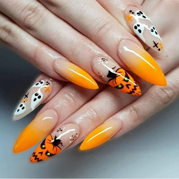 Halloween Press on Nails Medium Almond Fake Nails Full Cover Nightmare Nails Christmas Nails Spider Web False Nails Matte Glue on Nails Artificial Acrylic Nails for Women Girls 24 Pcs Halloween