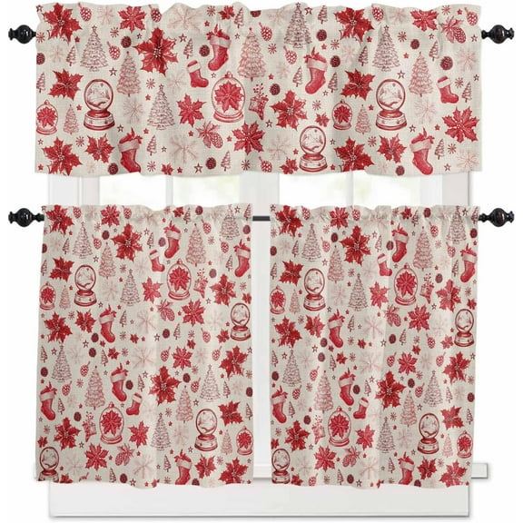 Christmas Red Kitchen Curtains and Valances Set, Rod Pocket Curtains Tier Farmhouse Window Curtains 24 Inch Length, Pine Tree Leaves Poinsettia Cone Retro 3 Piece Kitchen Curtains Set