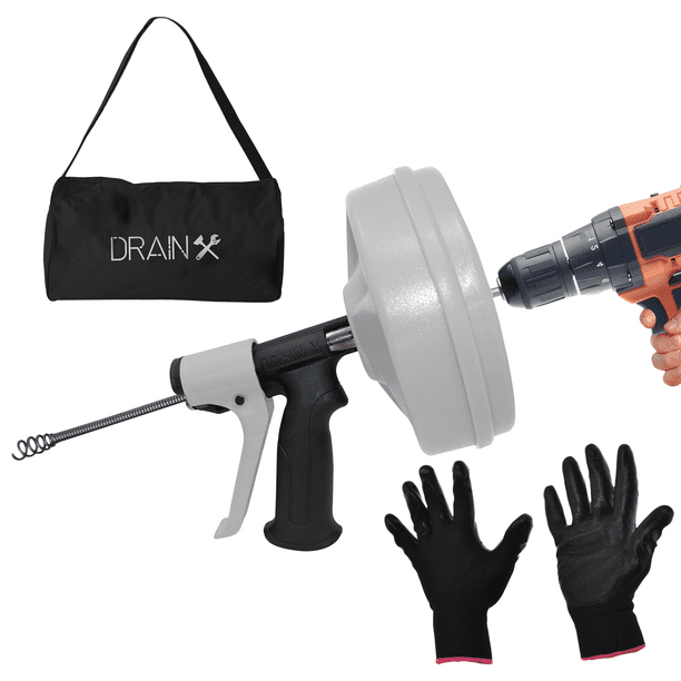 DrainX Spinfeed 50-FT Drain Snake Autofeed Drill Adapter Auger, Gloves