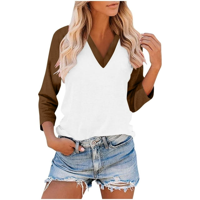 T-shirt à Manches Raglan pour Femmes, Chemises à Manches 3/4 pour Femmes Automne Grande Taille Décontracté Patchwork de Couleurs Col en V Hauts Mother Gifts