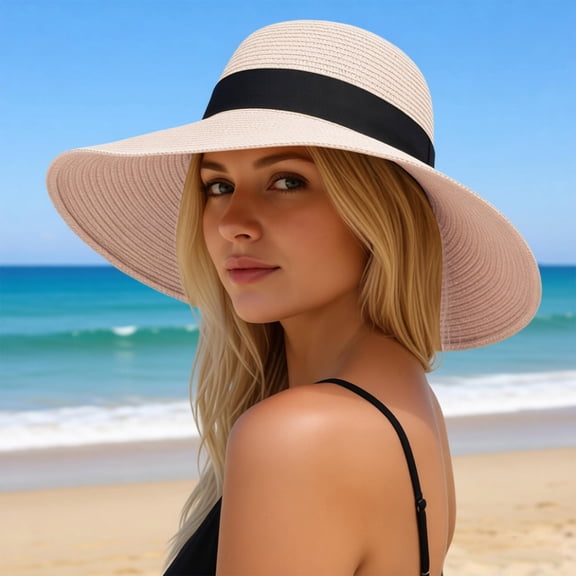 LPKRT Womens Elegant Fedora Hat Wide Brim Uv Protection Straw Sun Hat Breathable Summer Beach Floppy Hats Beige