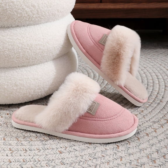 Domzle Fuzzy Memory Foam Slippers With Fluffy Plush Lining for Women Men Suede Non-slip Hard Sole Indoor Outdoor Shoes Pink Wide-6.5